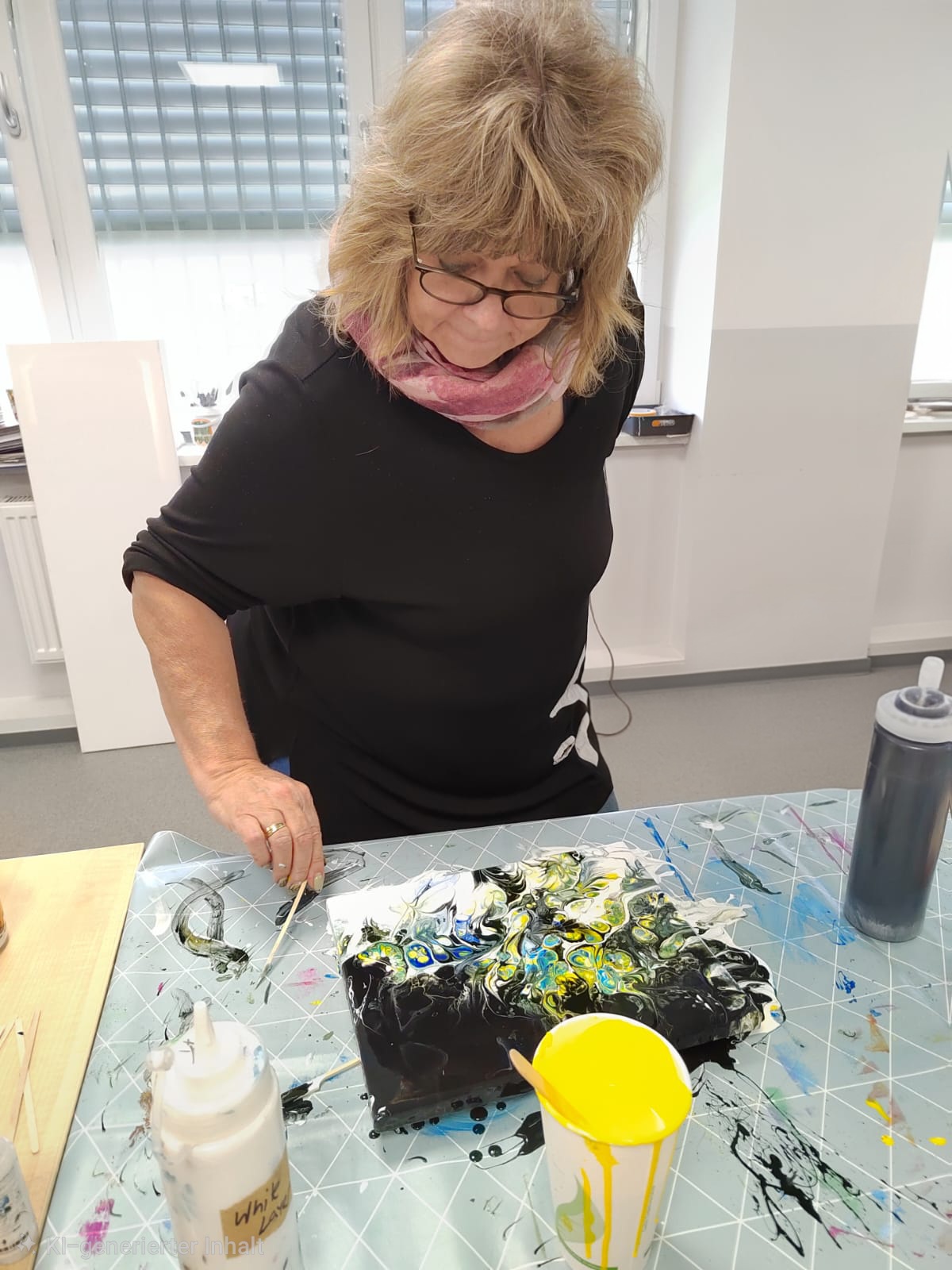 Beate Gajda-Passig beim Arbeiten im Atelier — eine entstehende Mixed-Media-Arbeit auf dem Tisch